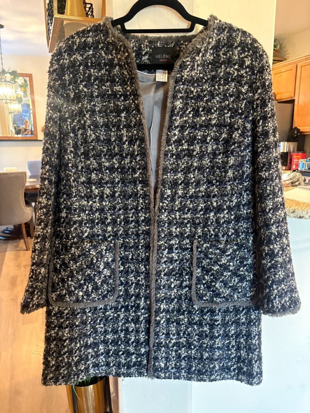 Helene London Tweed Bouclé Jacket Women L 8-12 Blue/Navy Mix Fringe